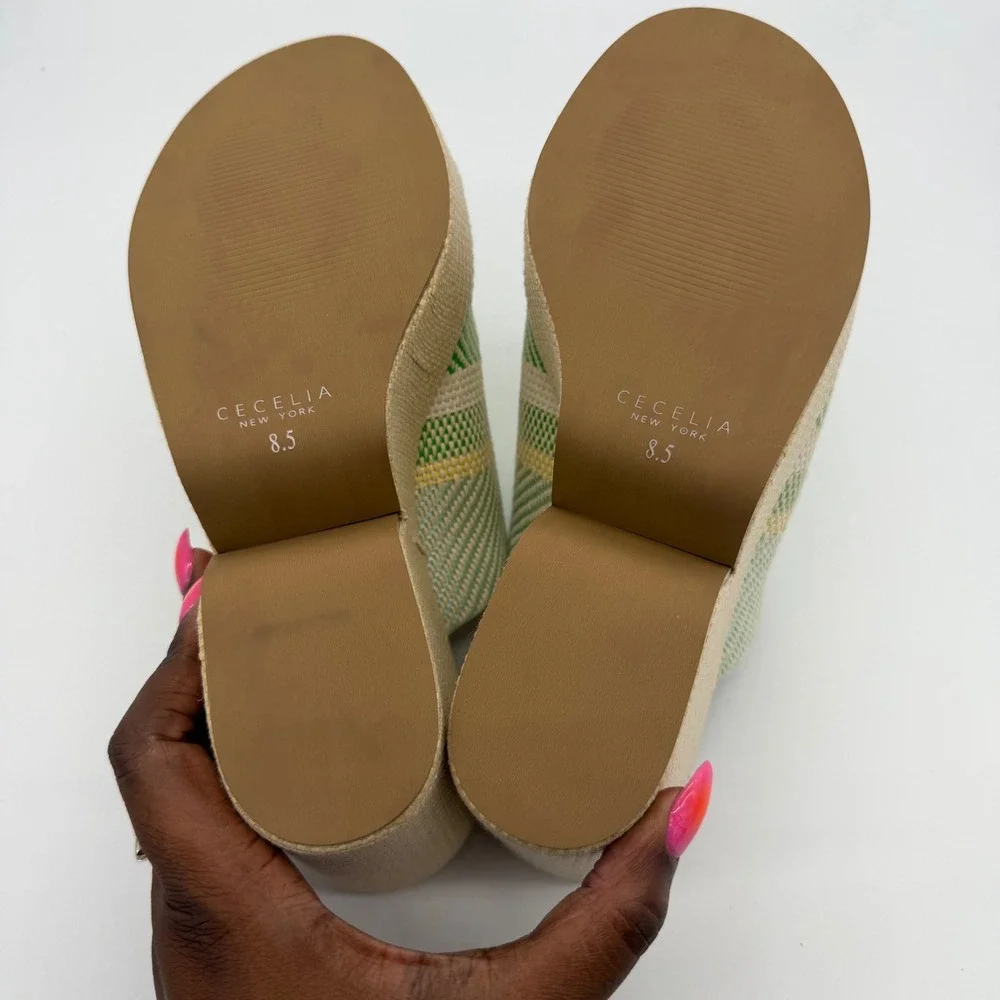 Cecelia New York Frost Green Natural Raffia Platform Wedge Mules 8.5M New